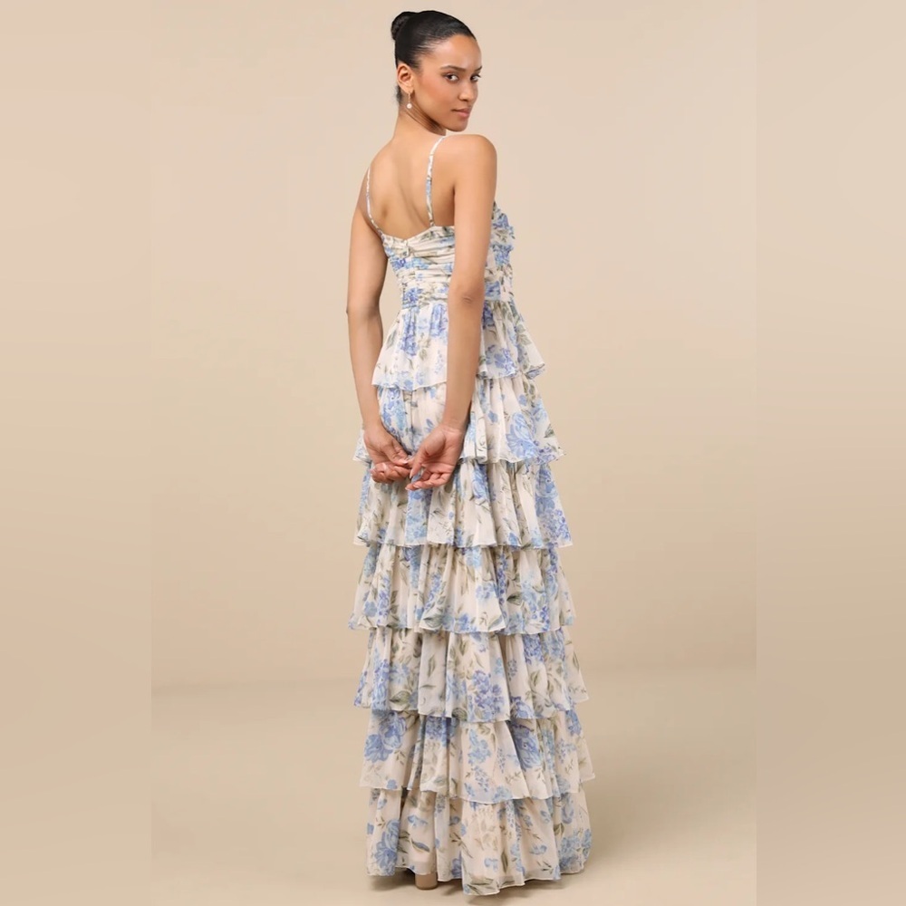 Lulus Arata Beige Blue Floral Cutout Tiered Maxi Dress size XL Sheer Big Florals - Picture 2 of 13